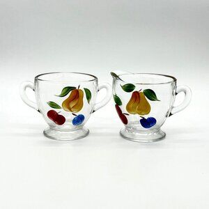 Vintage Hand-Painted Gay Fad Glass Creamer & Sugar Set With Pear Plum Apple Desi